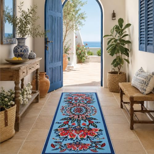 Lotus Runner Rug 2x6 Washable Accent Rug - color: Blue Flower, size: 2' x 6' (Rectangular)