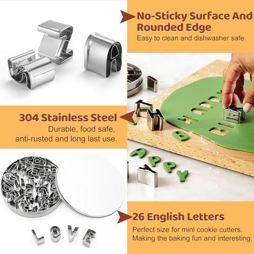 ofone Small Alphabet Cookie Cutters(A - Z), 26 Pcs Stainless Steel Fondant Letter Cutters Set, Mini Metal Biscuit Cutter Shapes for Baking Cakes Pastry Polymer Clay Fruits - color: Letter Cookie Cutter Set