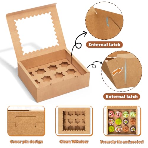 RYDDOY 12 Pack Brown Cupcake Boxes, Hold 12 Count Cupcake, Cupcake Carriers - color: Brown