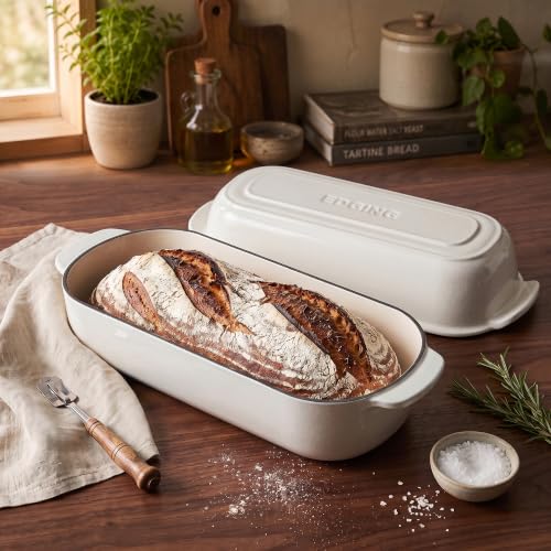 EDGING CASTING Enameled Cast Iron Loaf Pan with Lid, Bread pan, Dutch Oven Bread pan for Homemade Sourdough Bread Baking, 12.5x5.5 inch, 5qt, White - color: White
