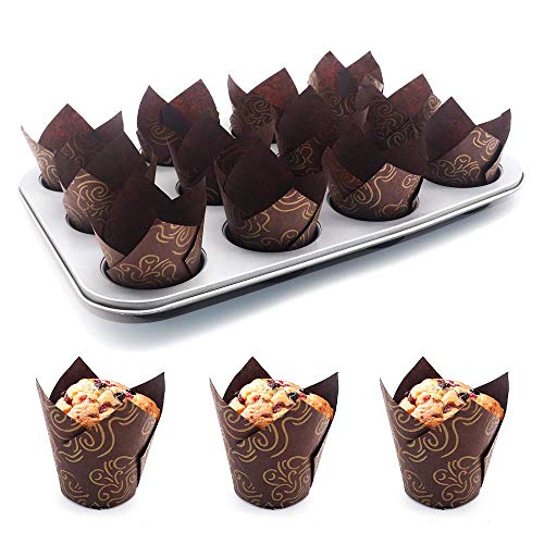 150pcs Tulip Cupcake Liners Baking Cups Muffin Liner - color: Golden Printed, Brown