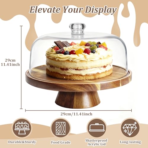 VALESKA Acacia Wood Cake Stand with Dome Lid, 2-in-1 Dessert Table Display Set & Charcuterie Board with 12In Acrylic Lid, Serving Platter, Fruit Platter, Cake Plate - color: Wood