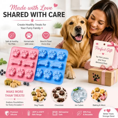 2 Pcs Dog Treat Molds Silicone with Puppy Dog Paw and Bone Shaped 2 in 1，Easy Release – Non-Stick Molds for Homemade Dog Treats, Pudding, Peanut Butter & Baking Biscuits - color: 2pc-Bone & Paw Shapes