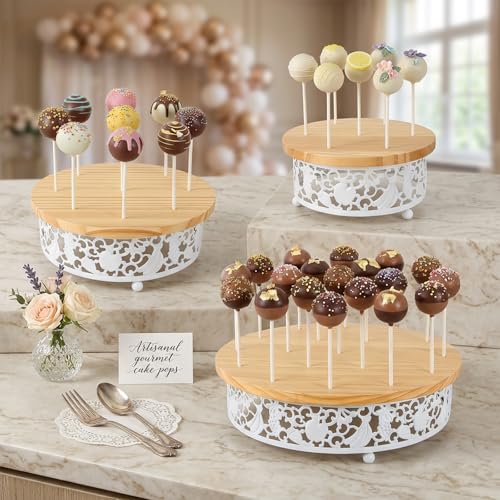 3-Tier Wooden Cake Pop Stand Set, White Metal Decorative Border, 11.8/8.7/7.1 Inch Round Display Stands with 35 Holes, 50 Sticks Included for Party Wedding