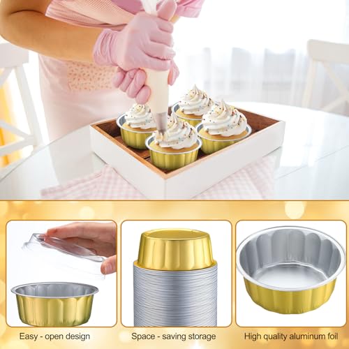 Gejoy 180 Pcs 8 oz Aluminum Foil Cup with Lids Disposable Ramekins with Lids Disposable Creme Brulee Cups Box for Wedding, Christmas, Party Dessert, Restaurants, Retail Stores(Gold) - color: Gold