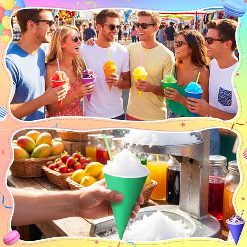 Honeydak 200 Pcs Rainbow Snow Cone Cups with Straws 6 oz Disposable Rainbow Paper Cone Cups, 6 Bright Colors, Slush Shaved Ice Cream Sorbet for Carnivals Party