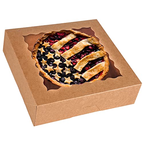 Tcoivs 20-Pack Pie Boxes 10" x 10" x 2.5", Bakery Boxes with Window, Auto-Popup Cookie Boxes for Pies, Cookies and Pastries (Brown)
