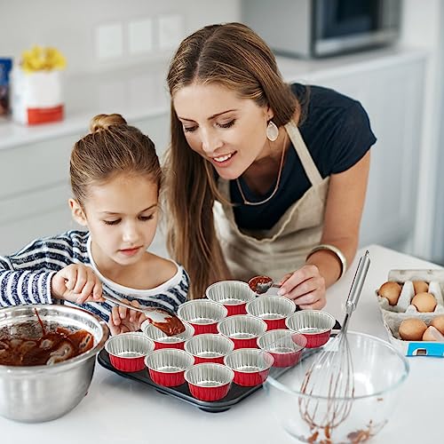 100Pcs Aluminum Cups with Lids,5oz Disposable Ramekin Baking Cups Muffin Liners Mini Pie Pans Foil Cupcake Containers for Christmas Party Wedding Party,Red - color: Red