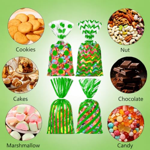 Capesaro 50 Pieces 10.6 x 5.1 In Green Cellophane Treat Bags Candy Gift Bag with Twist Ties Stripes Polka Dot Printed Pattern Goodie Bag for Birthday Weddings Party - color: Green-10.8'' x 5''