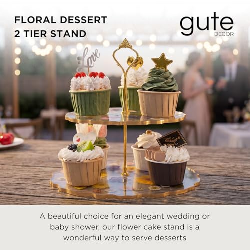 GUTE Floral Cupcake & Cake Dessert Stand, Resin Flower Tower - 2 Tier Stand Tray - Large Pretty Botanical Floral Stands for Desserts Table, Gold Handle, Fruits Candy Buffet Serving Trays