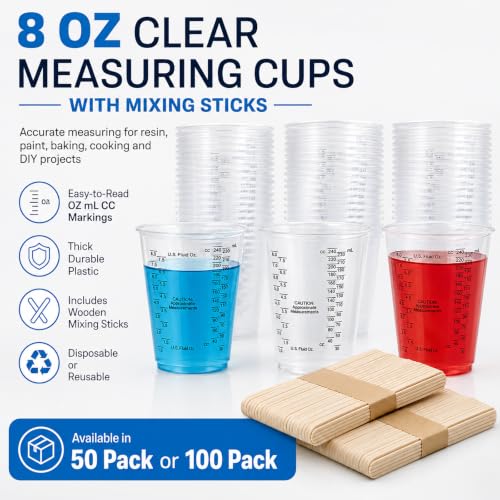 Taeku Plastic Measuring Cups with Mixing Sticks, 8 oz Clear Cup, 100 Pack