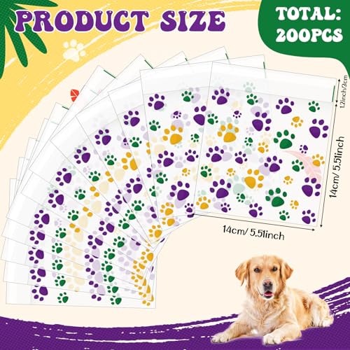 Pasimy 200 Pcs Dog Paw Treat Bags, Clear Self Adhesive Mardi Gras Color - color: Mardi Gras Color