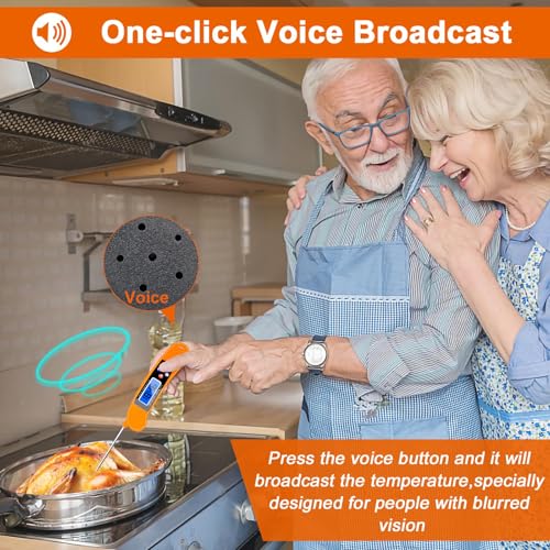 Digital Talking Thermometer for The Blind, Orange Waterproof Instant Read Food Thermometer with Talking Function and Backlight, Meat Thermometer with Probe for Cooking and Grilling, and More - color: Orange