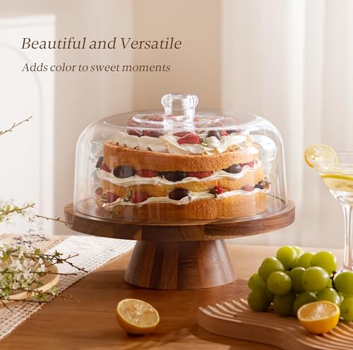 HBlife Cake Stand with Lid (11.4"), Multifunctional Cake Stand with Acrylic Dome, Acacia Wood 6-in-1 Cake Plate Display Stand with Cover for Baking Gifts, Birthday Kitchen Parties, Weddings