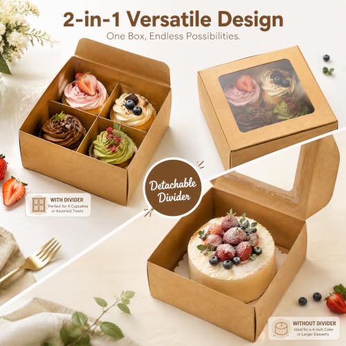Eorbow 40 Pack Brown Bakery Boxes with Window and Dividers, 6 x 6 Inch Mini Pastry Boxes with 4 Compartments, Kraft Treats Gift Boxes with Inserts, Cupcake Packaging Containers for Pastries Biscuits