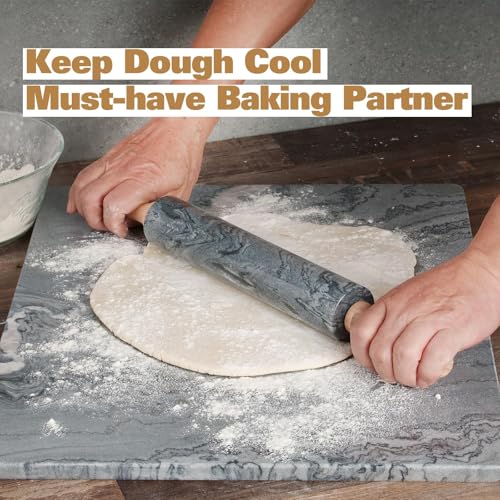 African Natural Marble Rolling Pin, Non-Stick Polished Dough Roller, Pasta, Dumpling, Fondant, Pie Crust, Bread, Pizza Dough, Kitchen Baking Pastry Tools with Mat/Scraper(Monte Grigio) - color: Grey Marble with Pastry Mat