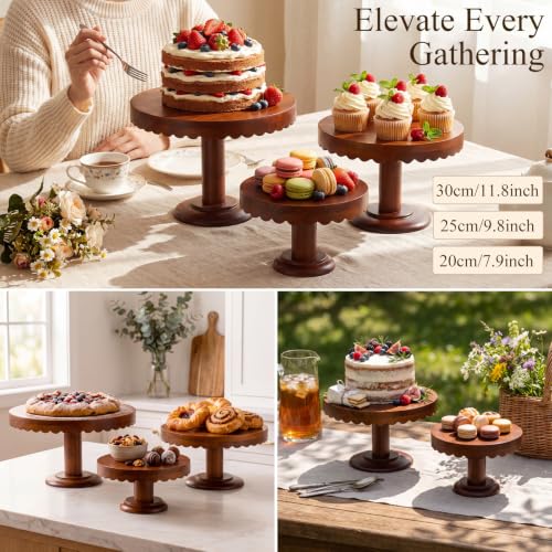 LemonRoad 3 Pcs Scalloped Wooden Cake Stand Set Rustic Cupcake Stand, Wood