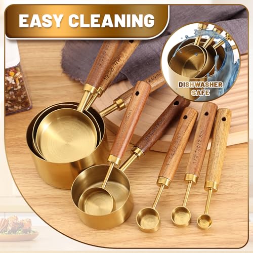 Premium Stainless Steel Measuring Cups and Spoons Set with Wood Handle - color: Gold8