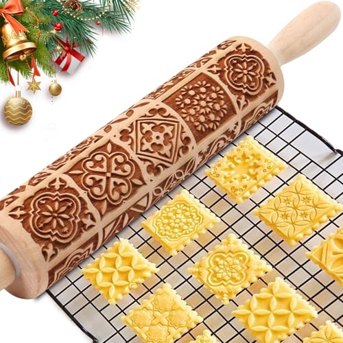 Christmas Embossed Rolling Pin for Baking Cookies Embossing Rolling Pins with Design Wooden Engraved Springerle Roller Pin Dough Patterned Clay Pottery Ceramic Bakers Women (Vintage Square Patterns) - color: Vintage