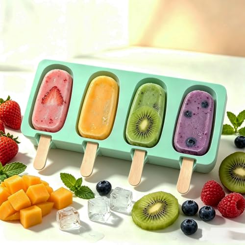 Silicone Popsicle Molds, 2 Pcs Green Popsicles Molds, 4 Cavities Ice Cream Mold with 50 Wooden Sticks for Making Cakesicles Fudgesicle Candy DIY Cake Ice Pop Summer Party Supplies - color: Green
