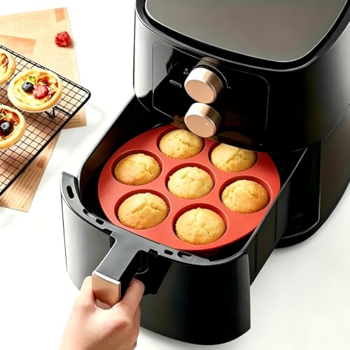 7 hole Non Stick Silicone Liners And Muffin Pan for Air Fryers - Reusable Baking Trays Easy to Release And Clean - color: Red