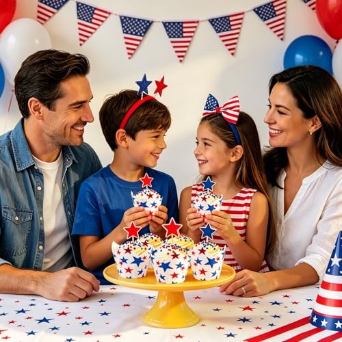 Whaline 120 Pcs July 4th Patriotic Tulip Cupcake Liners Red Blue Star Foil Baking Cups Independence Day Cupcake Muffin Wrappers for 250th Anniversary Memorial Day Party Supplies Table Decor - style: Star