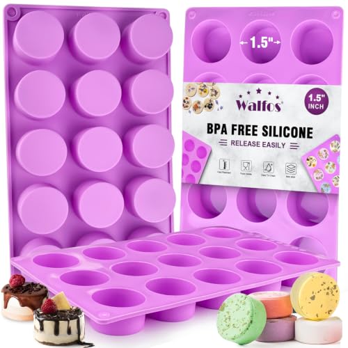 Walfos 3 Pack Small Soap Molds,15 Cavity Mini Round Silicone Molds,1.5inch Cylinder Silicone Soap Molds Perfect for Soap Making.Non-Stick BPA Free and Dishwasher Safe - color: Pink/cylinder