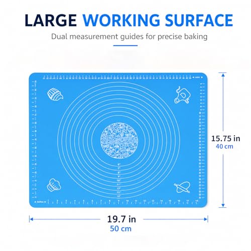 Silicone Baking Mat for Rolling Dough, Non Stick Pastry Mat with Measurements, Anti Slip Kitchen Counter Cover for Kneading, Pie Crust, Pizza and Cake, Blue