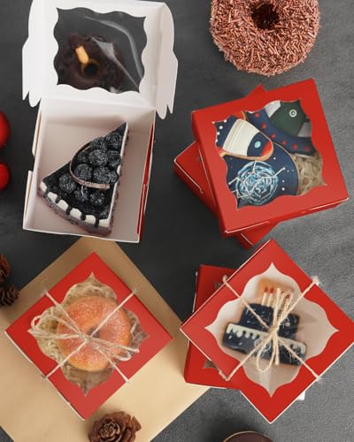 qiqee Red Bakery Box with Window 4x4x2.5 inch 30Packs Macaron Boxes Small Donut Pastry Boxes for Party Mini Cookie Boxes - color: Red, 30Pcs, size: Small