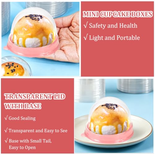 WOPPLXY 300 Pcs Clear Plastic Mini Cupcake Boxes, Mini Cake Containers, Clear Plastic Small Cake Boxes with Dome Lid, Individual Cupcake Container for Cheese Pastry Dessert Mooncake（Pink）