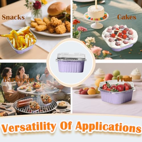 50 Pcs Mini Square Baking Cups with Lids,10oz Aluminum Foil Mini Cake Pans with Lids,Disposable Ramekins Cake Pans,300ml Dessert Cups Cupcake Pans for Wedding Birthday Party,Purple - color: Purple, size: 10oz