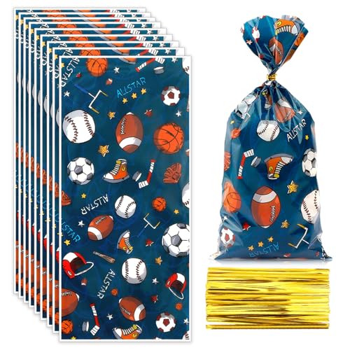 100 Pcs Sport Party Treat Bags Football Cellophane Bags Basketball Candy Bags with Gold Twist Ties Football Goodie Bags Gift Bags Party Favors Bags for Birthday Soccer Party Supplies Decorations - color: Sport Party