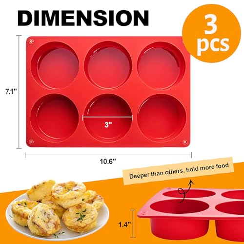 Silicone Egg Bite Molds, 3 Pack Deep 3 Inch Dash Egg Cups Sous Vide Mold Round Rolls Molds for Breakfast Sandwiches Omelets Dinner Rolls Baking - Red - color: Red, size: Round-3pcs