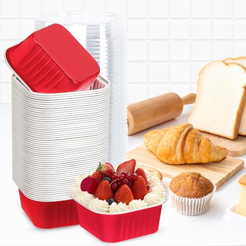 100Pack 5oz Christmas Mini Cake Pans with Lids Baking Cups Aluminum Foil Pans Tins, Individual Dessert Cups Containers for Sales,Party,Picnics Red - color: Red