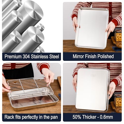 Small Deep Cookie Baking Sheet Pans with Cooling Wire Rest Racks Set 18/8 (304) Stainless Steel Tiny Serving Trays 10.4 x8.1 x1.1Inch Dishwasher Safe for 1~2 Person 2Pans & 2Racks - size: Small 10.4X8.1 Inch