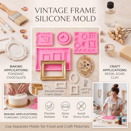 Pimoys 5 Pcs Photo Frame Fondant Molds Vintage Silicone - style: Photo Frame
