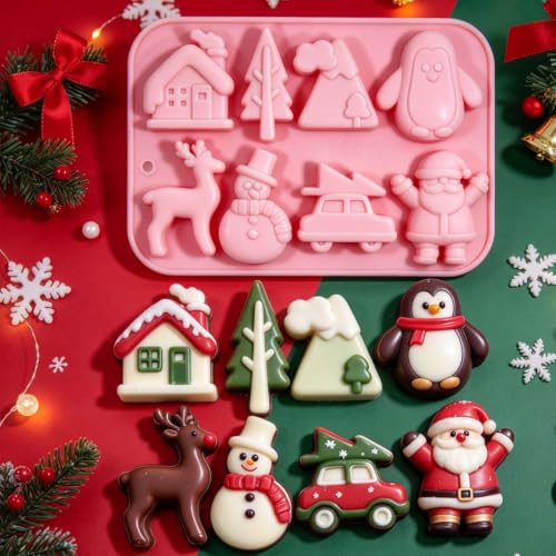 3 Pack Christmas Silicone Baking Mold, Christmas Tree Holiday Silicone Molds Soap Candy Molds for Chocolate Jello Snowman Gingerbread Snowflakes Socks Bells Santa Baking Mold (Xmas-Pink) - color: Xmas-Pink