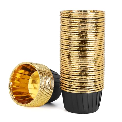 EUSOAR Foil Cupcake Liners, 3.5oz 50pcs Black Gold Disposable Mini Muffin Liners, Individual Aluminum Dessert Pudding Ramekin Cupcake Baking Cups Containers Tin for Wedding Birthday Bakery Party - color: Black/Gold, size: 50pcs
