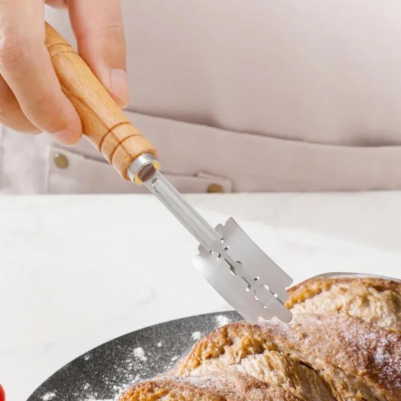 Premium Hand Crafted Bread Lame for Dough Scoring Knife, Lame Bread Tool for Sourdough Bread Slashing with 5 Blades Included with Replacement with Authentic Leather Protector Cover (Wood1) - color: Wood1