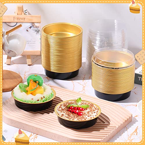 Yinder 120 Pcs 8oz Disposable Mini Pie Pans/tins with Lids Tart Pans, Small Cake Pan Round Containers Aluminum, 4 Inch Mini Cake Pan for Quiche Cheesecake Container Oven Bake Sale(Black Gold) - color: Black/Gold