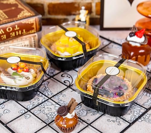 NPLUX 50 Pcs Mini Square Baking Cups with Lids and Spoons Aluminum Foil Mini Cake Pans with Lids Disposable Ramekins Cake Pans Dessert Cups for Wedding Birthday Party(Black Gold,10oz) (Pack of 2) - color: Black, size: 10 OZ (Pack of 2)
