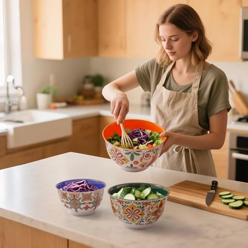 TP Melamine Mixing Bowl Set with Lids, Salad Bowl Set of 3, Aztec Bloom - color: Aztec Bloom, size: Large