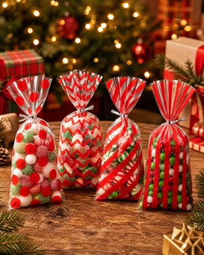 Capesaro 50 Pieces 10.6 x 5.1 In Red Cellophane Treat Bags Candy Gift Bag with Twist Ties Stripes Polka Dot Printed Pattern Goodie Bag for Birthday Weddings Party - color: Red-10.8'' x 5''