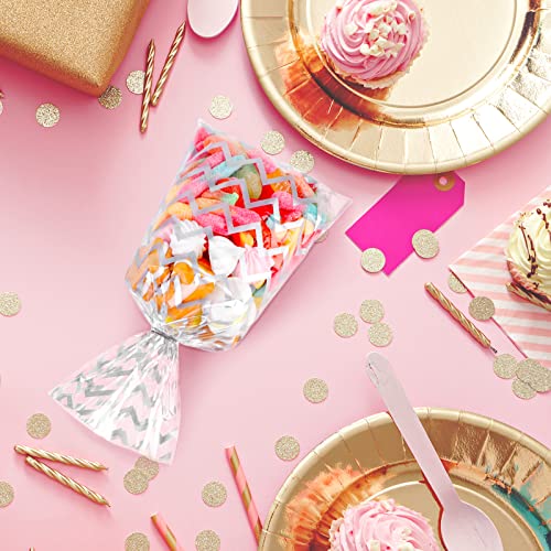 Aodaer 100 Pieces 10.6 x 5.1 In Silver Cellophane Bags Plastic Candy Gift Bags Cellophane Treat Bag with Twist Ties Stripes Polka Dot Printed Pattern Goodie Bag for Birthday Weddings Party Favors - color: Silver