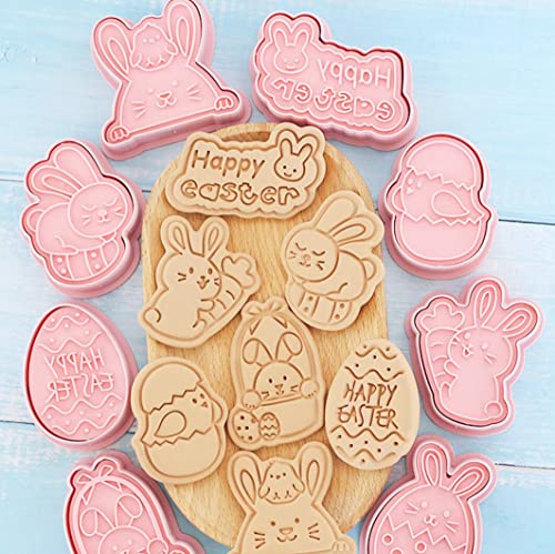 8-Piece Cute Easter Rabbit Cookie Cutters Set - Plastic Easter Egg Cookie Mould Press - Baking Kitchen Tools - color: Easter B