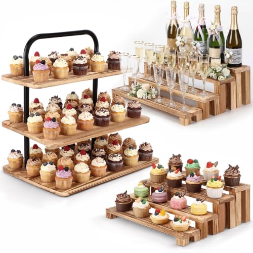 3 Pack Wooden Cupcake Stand 3 Tier Large Tiered Risers Set - style: Vintage