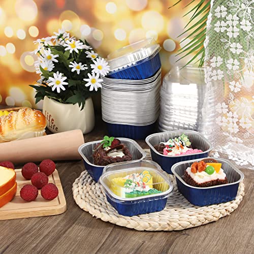 50 Pcs Aluminum Foil Baking Cups with Lids 10 oz Square Baking Cups Disposable Ramekins with Lids for Flans Snacks Pudding Pan Tin Wedding Catering Party Favor (Royal Blue) - color: Royal Blue