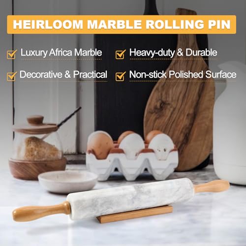African Natural Marble Rolling Pin, Non-Stick Polished Dough Roller, Pasta, Dumpling, Fondant, Pie Crust, Bread, Pizza Dough, Kitchen Baking Pastry Tools with Mat/Scraper(Grigio Fantasy) - color: White and Grey Marble with Pastry Mat