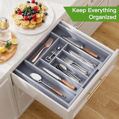 Pipishell Bamboo Expandable Silverware Drawer Organizer, Gray, Medium - color: Grey, size: Medium