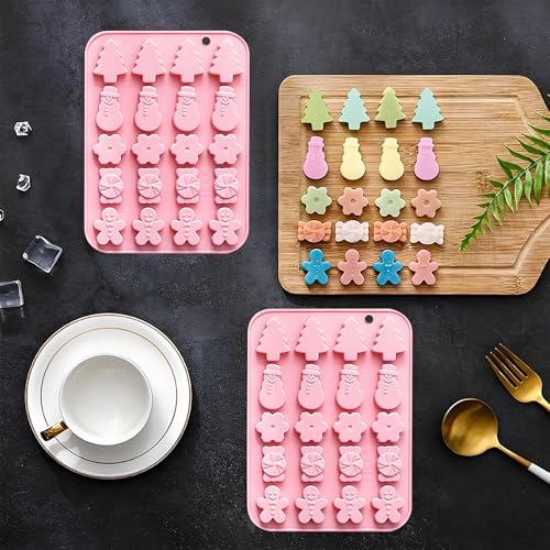 Christmas Silicone Candy Molds, Holiday Shapes with Snowman, Tree, Gingerbread Man, 2-Pack, Pink - color: QY297